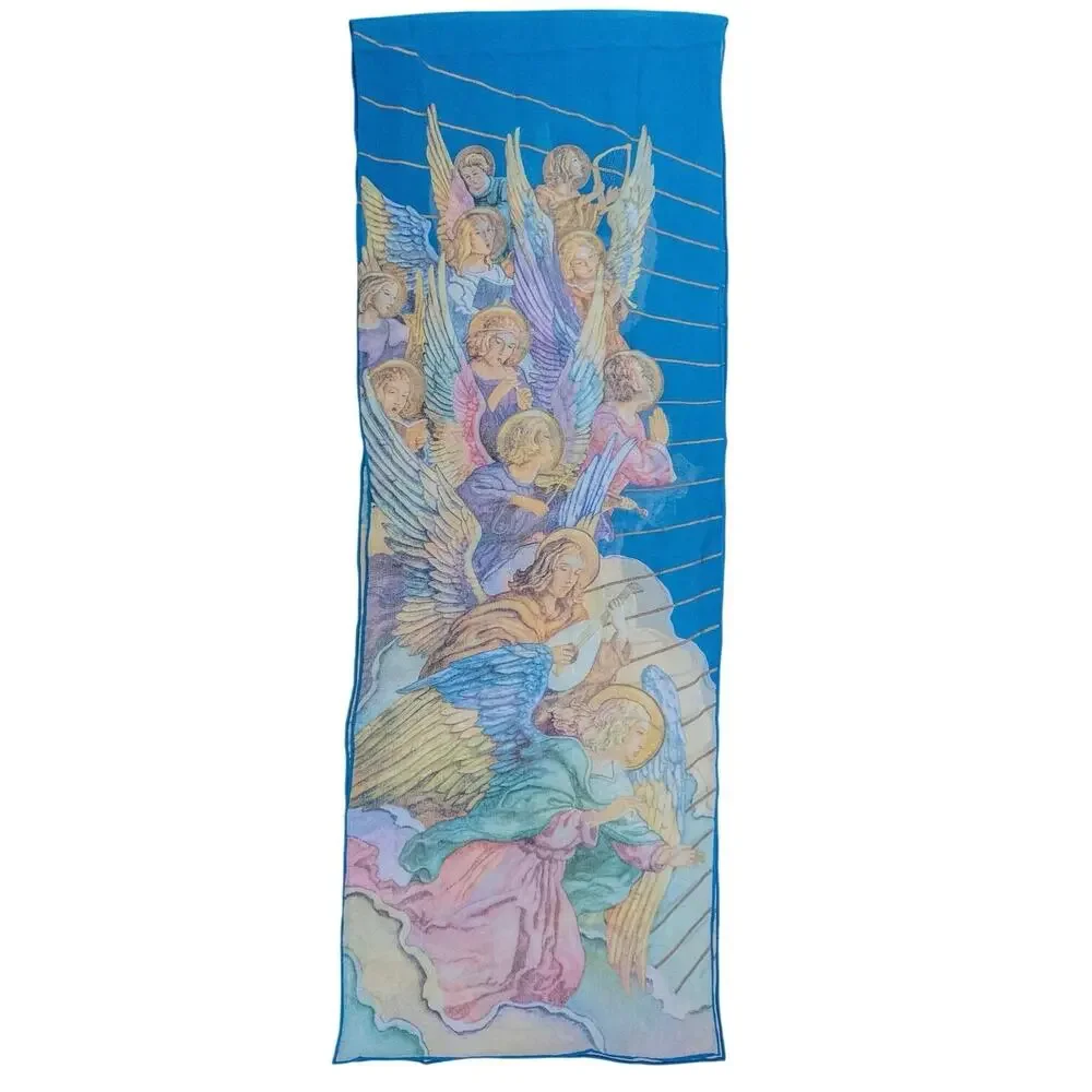 Y2K Sheer Angel Print Chiffon Oblong Scarf Blue Religious Art Wrap